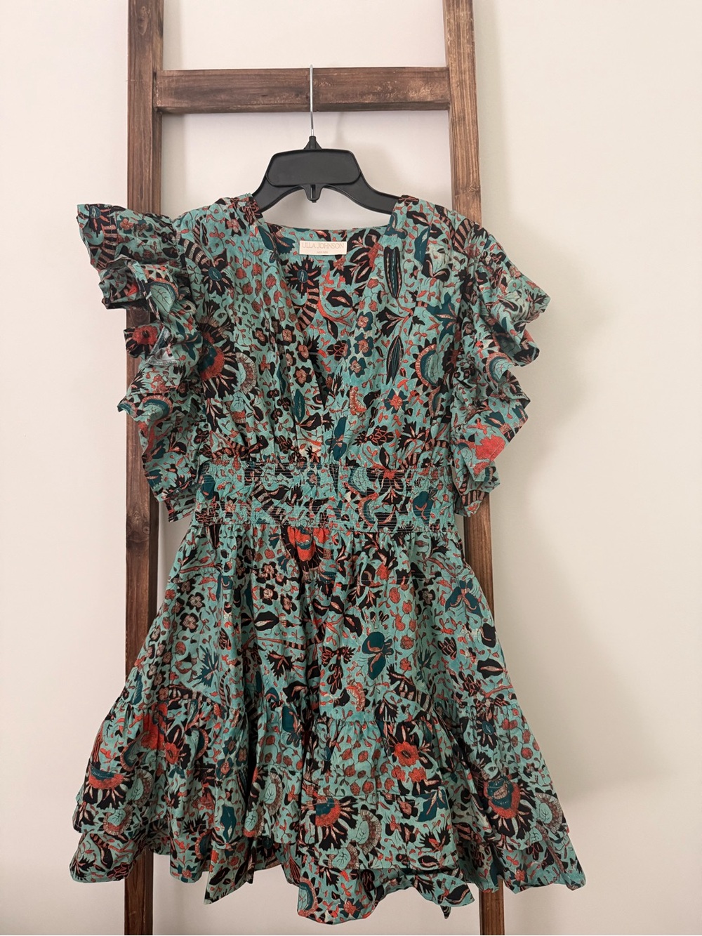 Ulla Johnson Teal Floral Ruffle Mini Dress